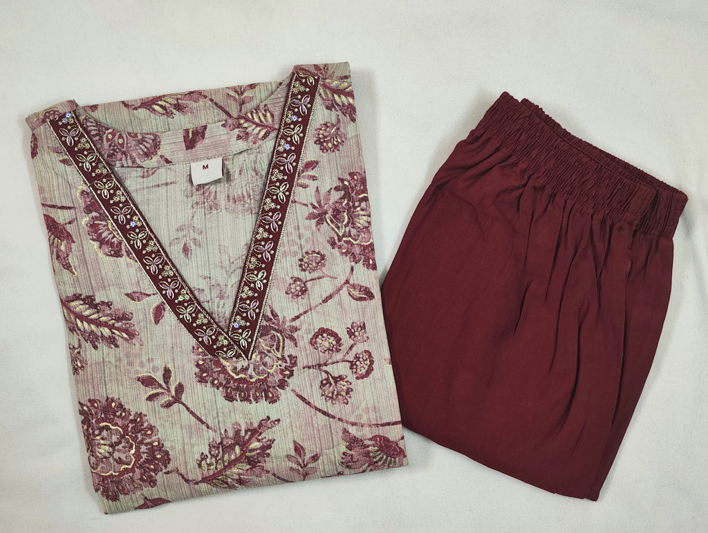 Floral Print | V Neck Cord Set | 2 Shades (Oxblood and Imperial Blue)