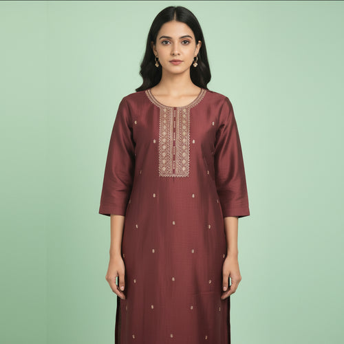 Product image 2 of Copper Brown Embroidered Vijithra Silk Kurti for Women