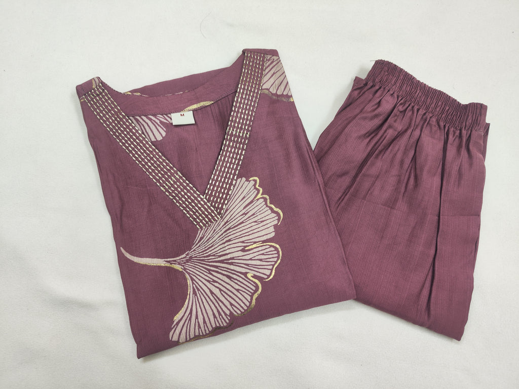 Ginkgo Leaf print V Neck Cord Set with Pocket | 2 Shades