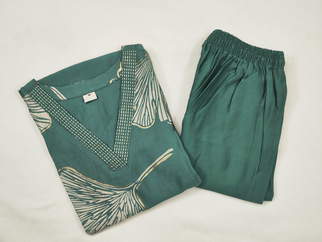 Ginkgo Leaf print V Neck Cord Set with Pocket | 2 Shades