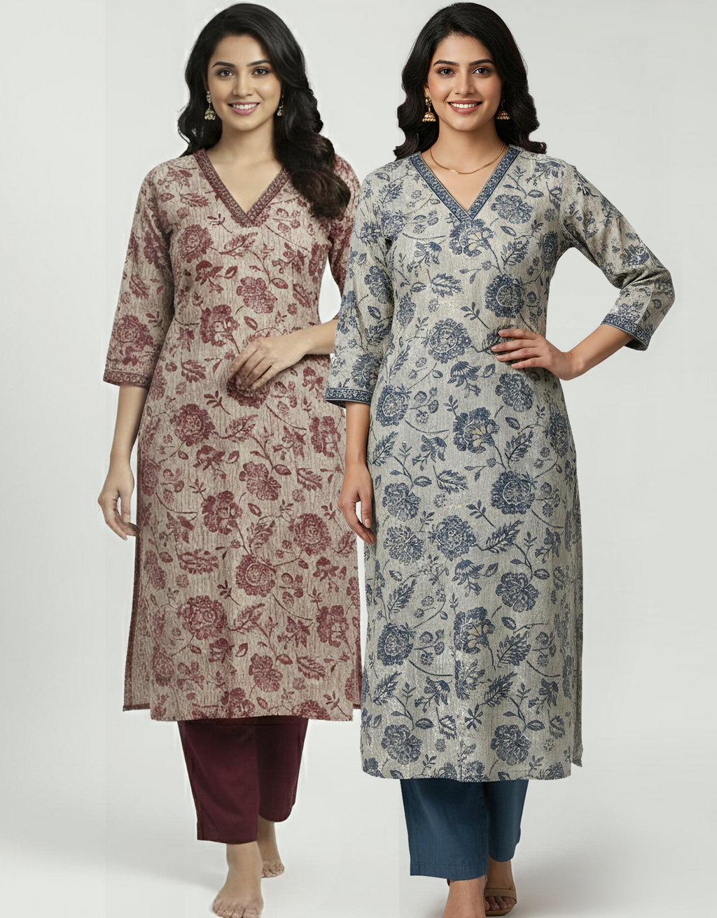 Floral Print | V Neck Cord Set | 2 Shades (Oxblood and Imperial Blue)