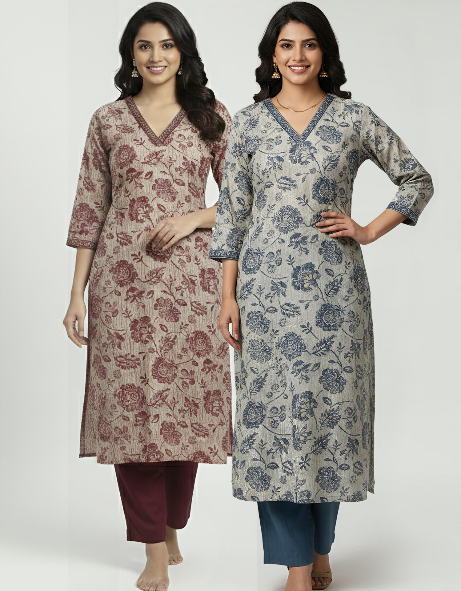 Floral Print | V Neck Cord Set | 2 Shades (Oxblood and Imperial Blue)