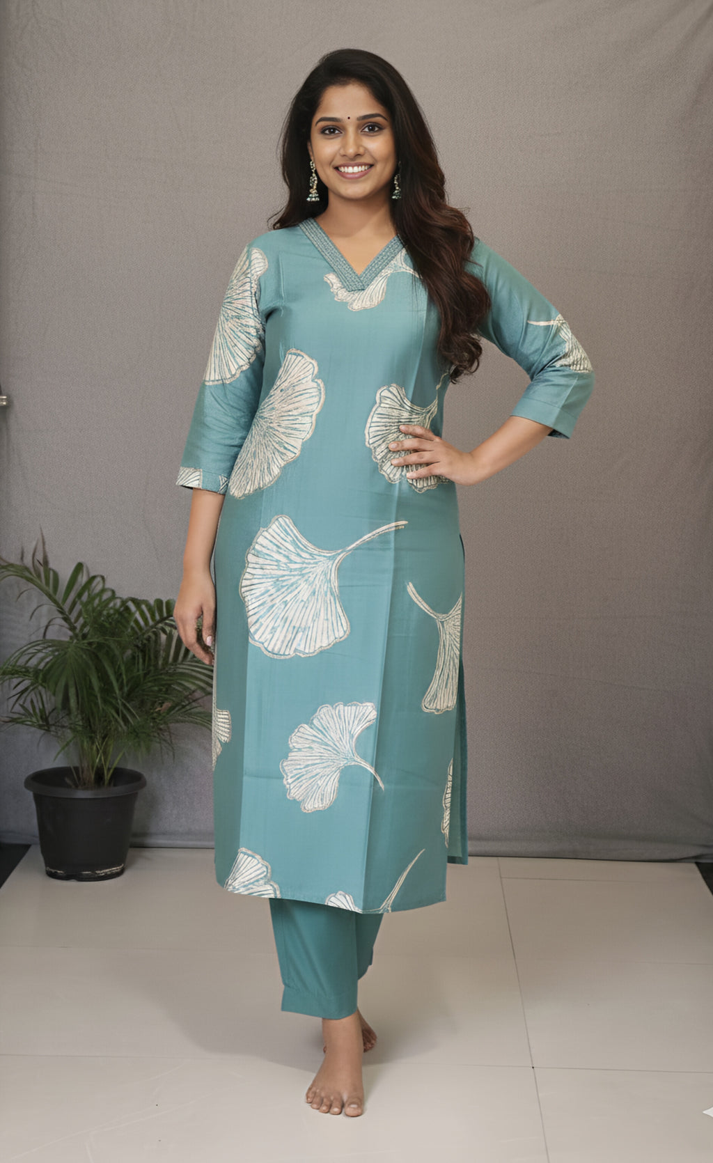 Ginkgo Leaf print V Neck Cord Set with Pocket | 2 Shades