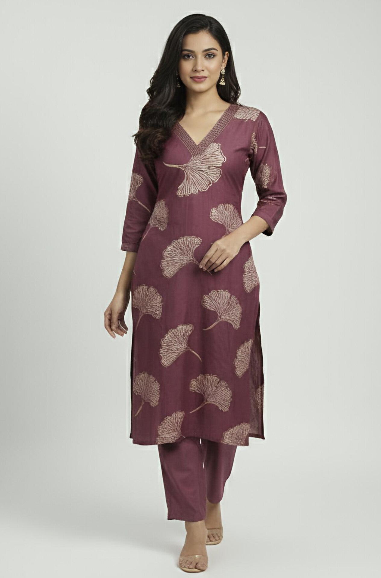 Ginkgo Leaf print V Neck Cord Set with Pocket | 2 Shades