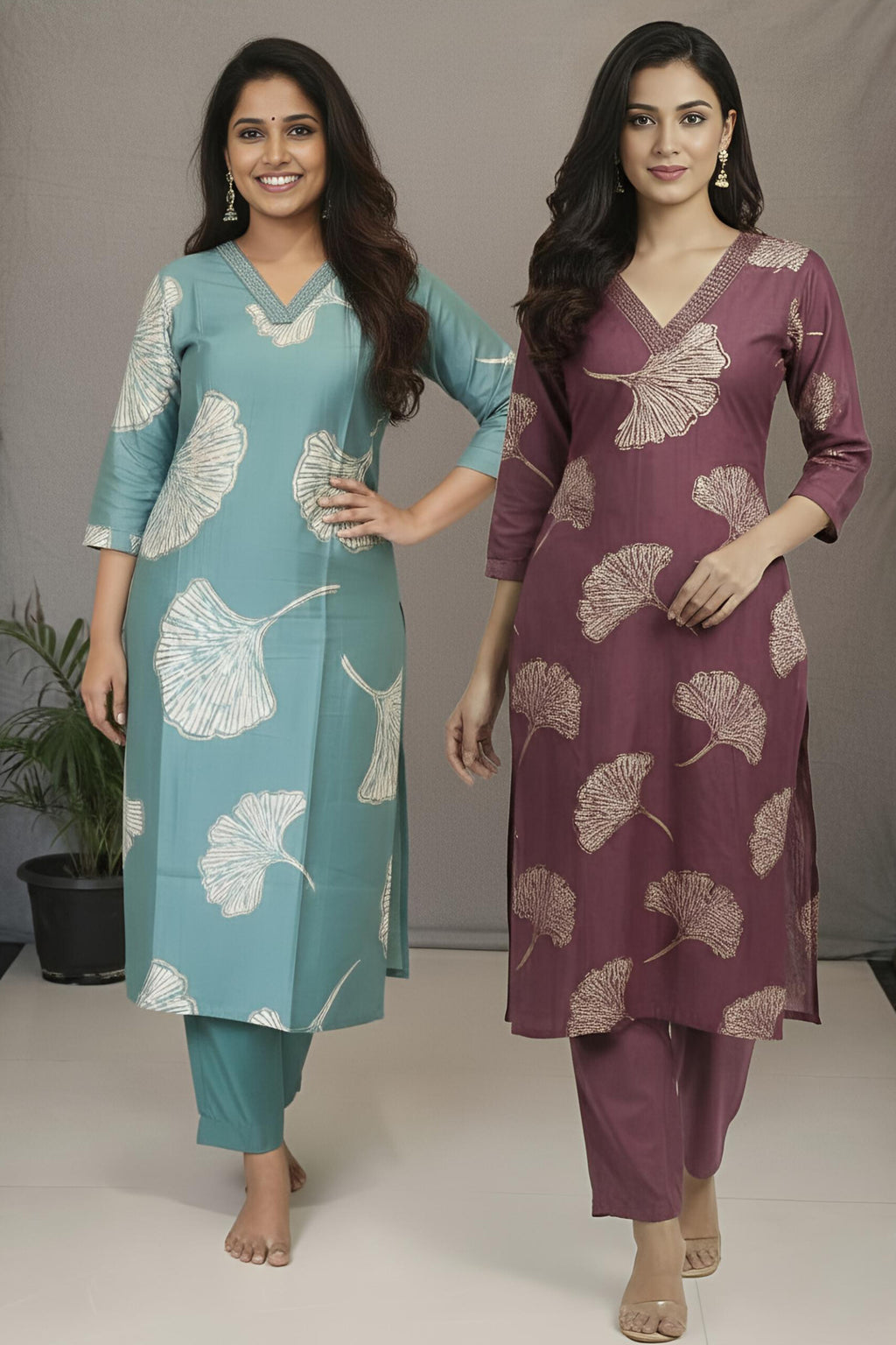 Ginkgo Leaf print V Neck Cord Set with Pocket | 2 Shades