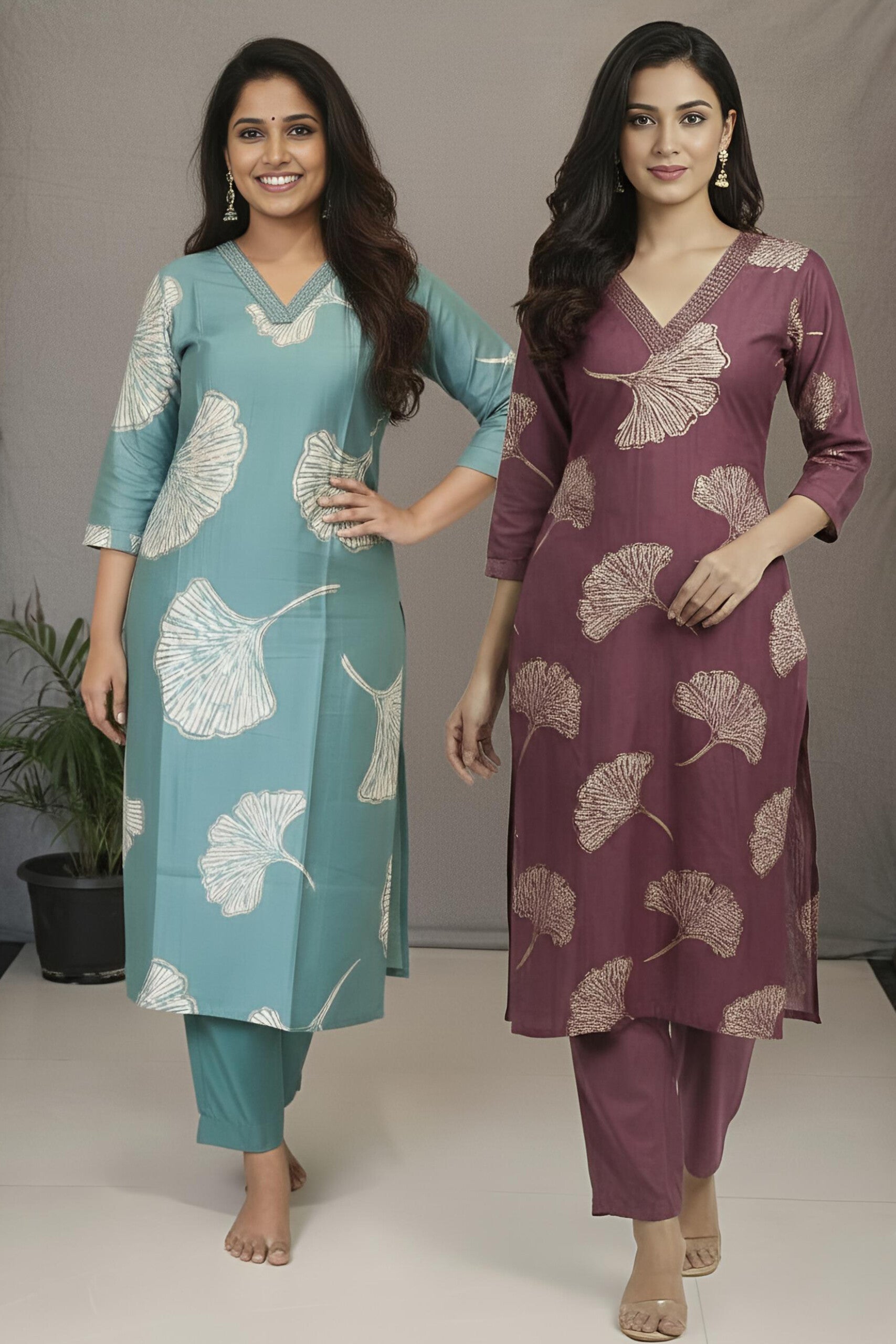 Ginkgo Leaf print V Neck Cord Set with Pocket | 2 Shades