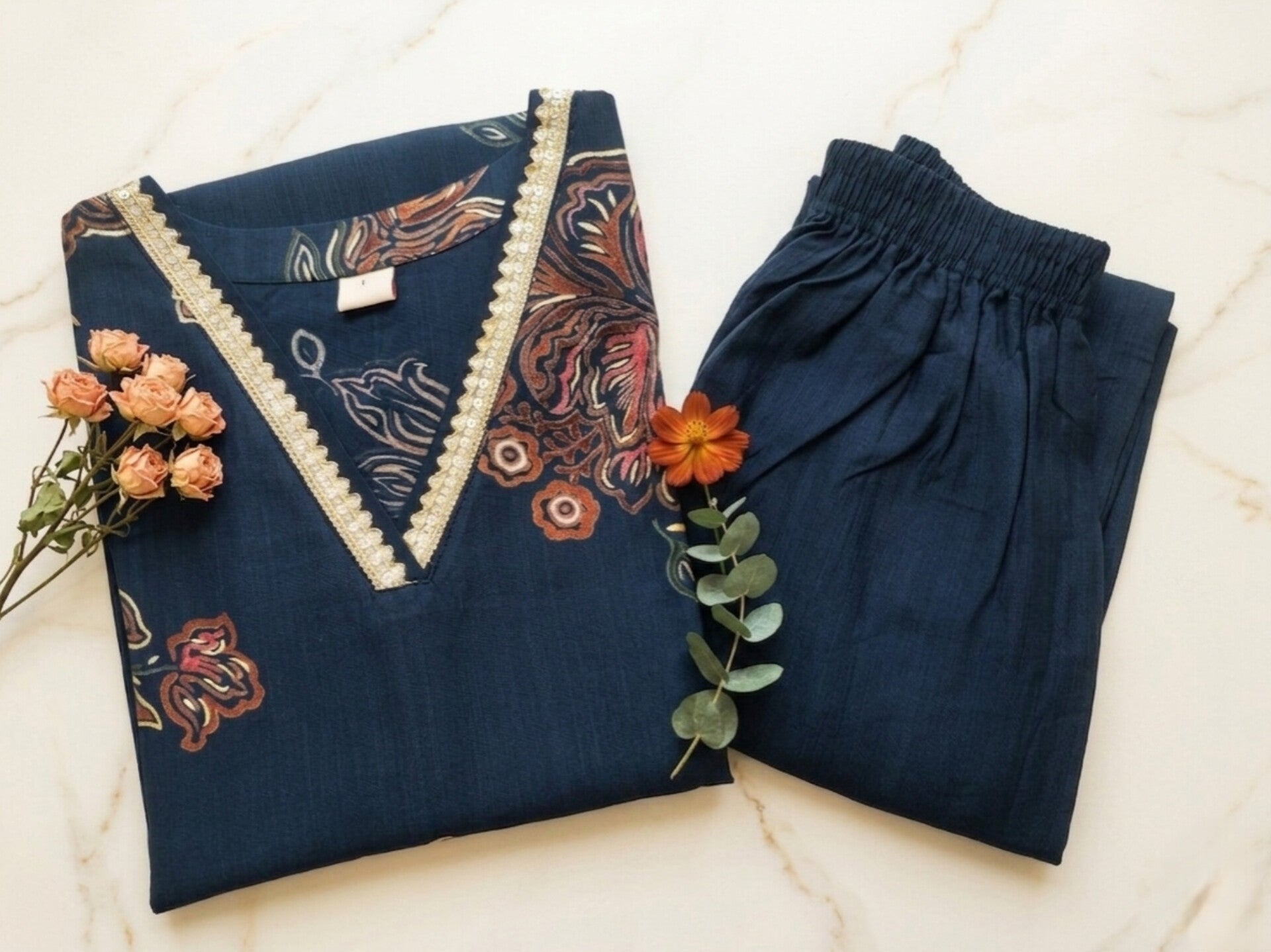 Stellar Navy | Trendy V Neck Cord Set