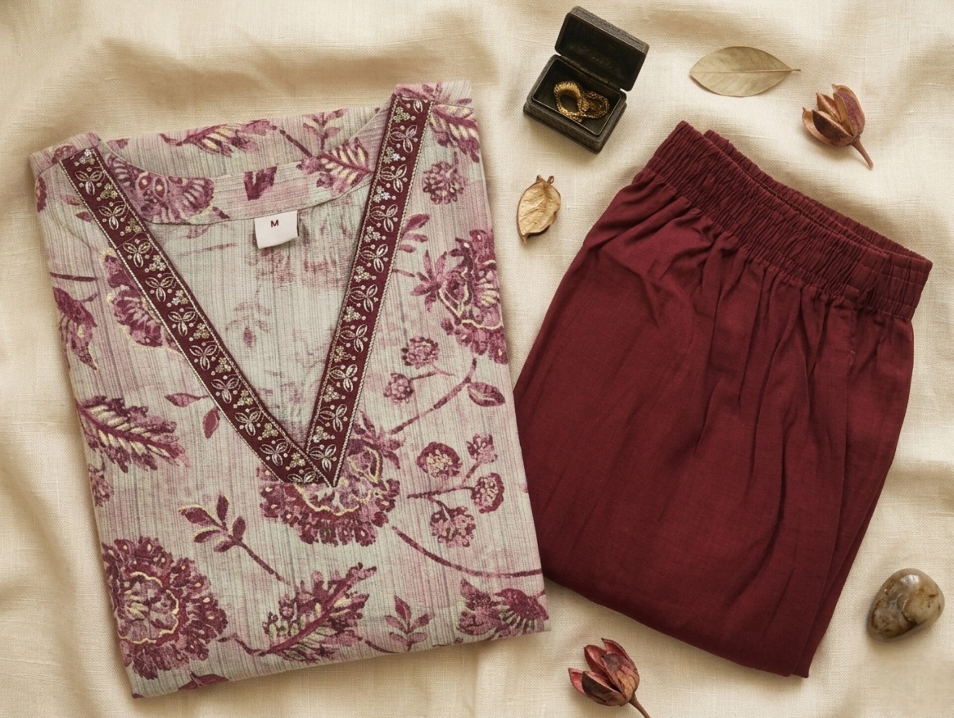Floral Print | V Neck Cord Set | 2 Shades (Oxblood and Imperial Blue)