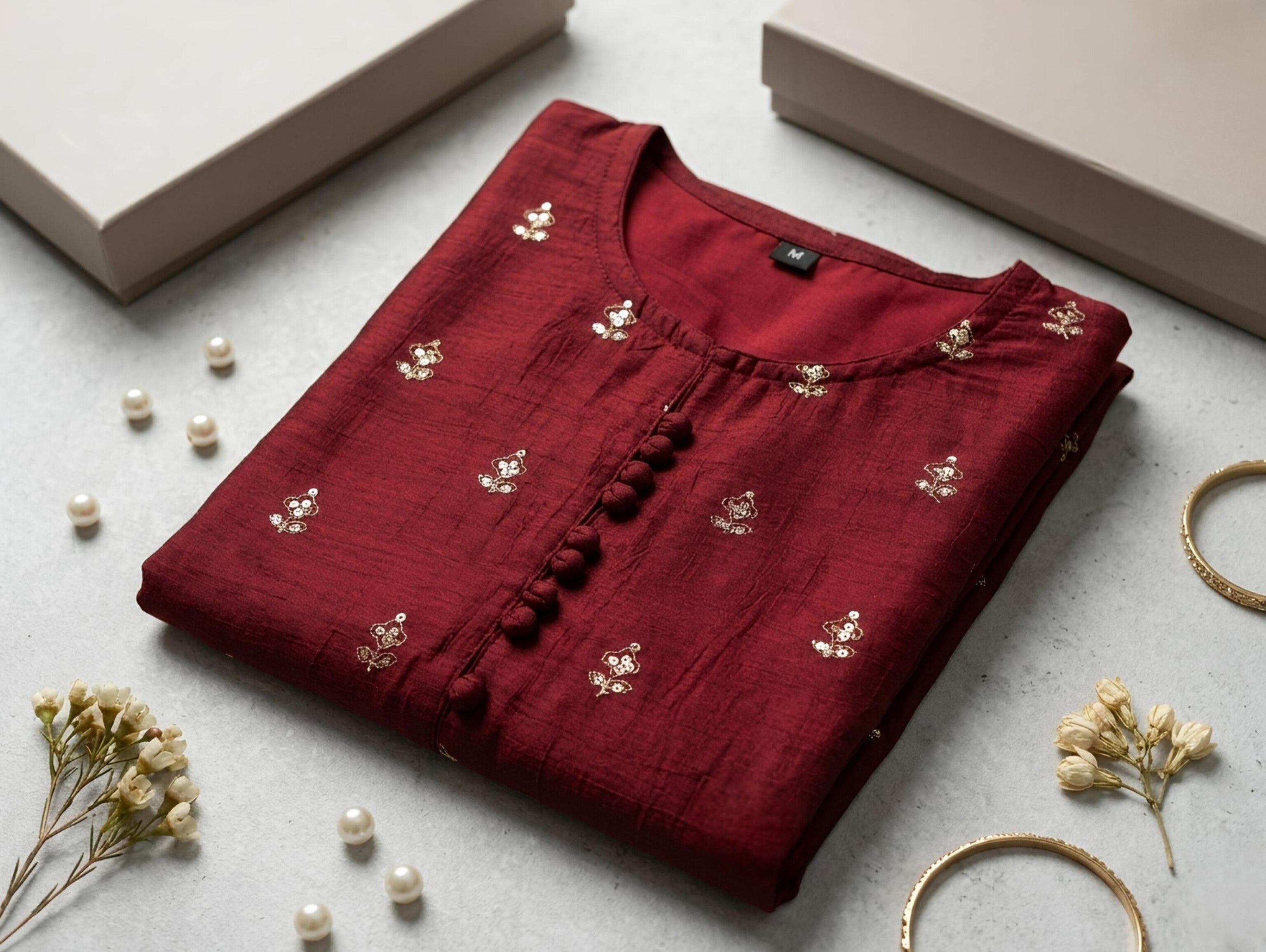 Product photo of Red Embroidered Tissue Silk Kurti for Women