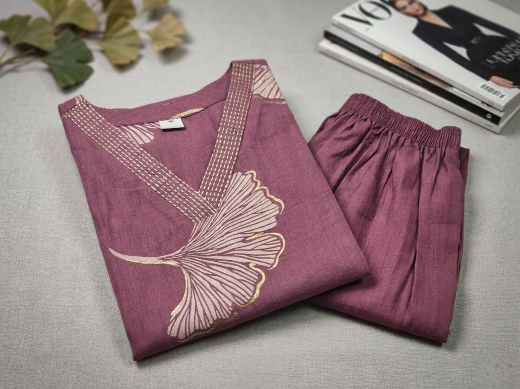 Ginkgo Leaf print V Neck Cord Set with Pocket | 2 Shades