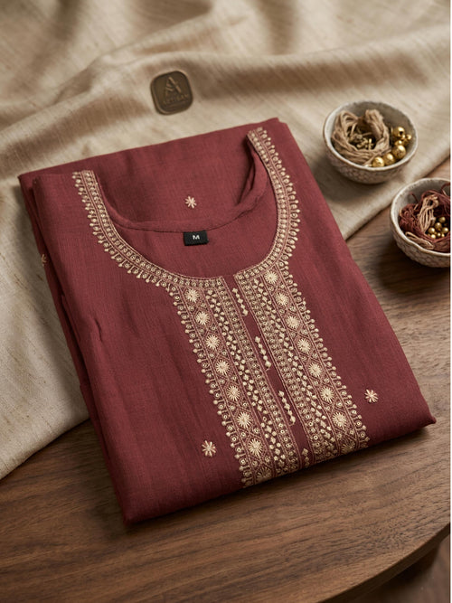 Product photo of Copper Brown Embroidered Vijithra Silk Kurti for Women